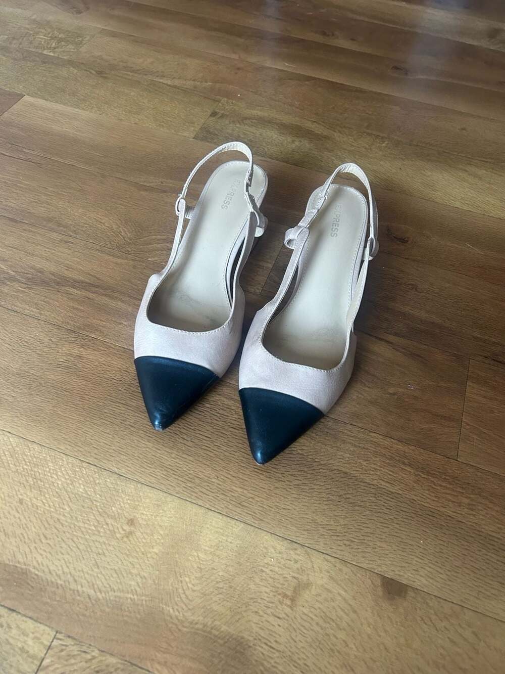 Express Women's Beige and Black Cap-Toe Block Heel Slingback Pumps